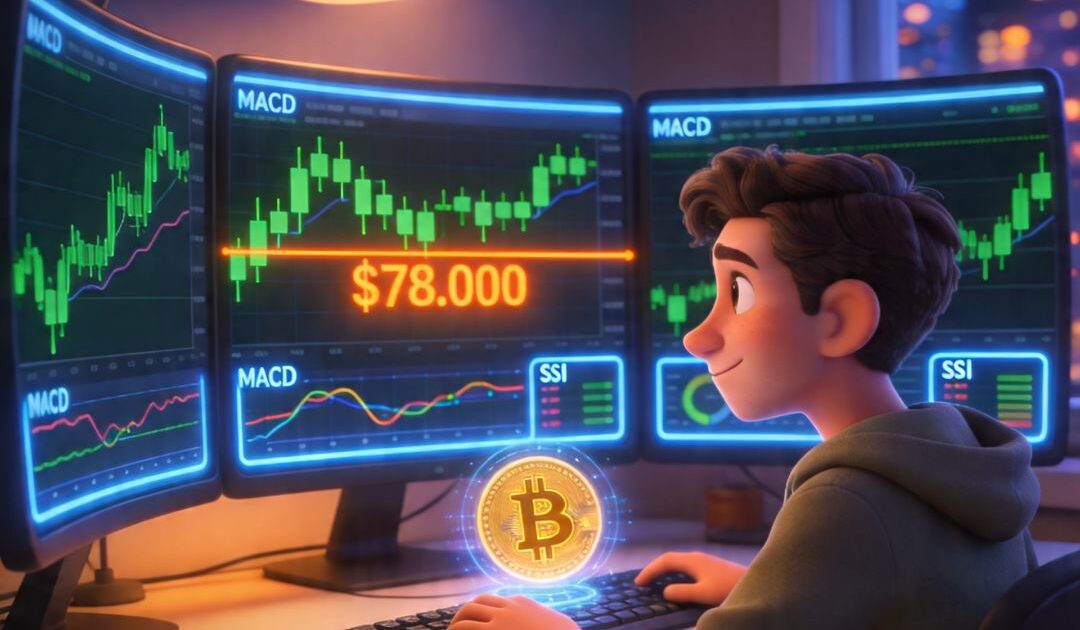 Illustrazione stile Pixar: trader con multi-monitor Bitcoin, MACD RSI, resistenza 78.000 dollari