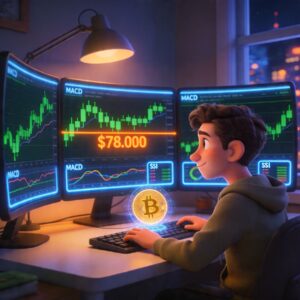 Illustrazione stile Pixar: trader con multi-monitor Bitcoin, MACD RSI, resistenza 78.000 dollari