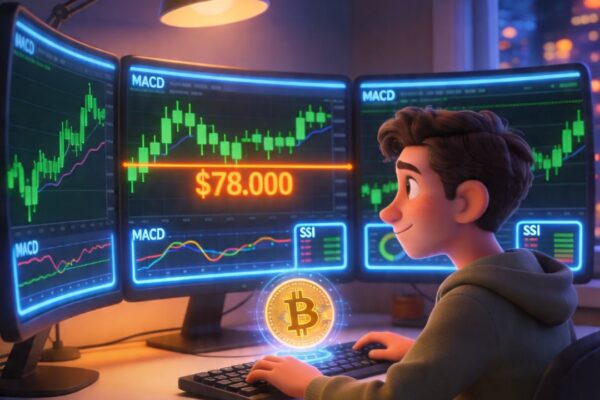 Illustrazione stile Pixar: trader con multi-monitor Bitcoin, MACD RSI, resistenza 78.000 dollari