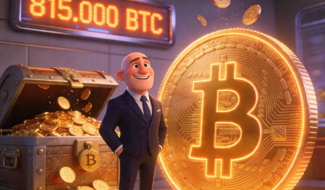 Illustrazione stile Pixar: businessman con Bitcoin vault, holdings Strategy 815.000 BTC