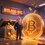 Illustrazione stile Pixar: businessman con Bitcoin vault, holdings Strategy 815.000 BTC