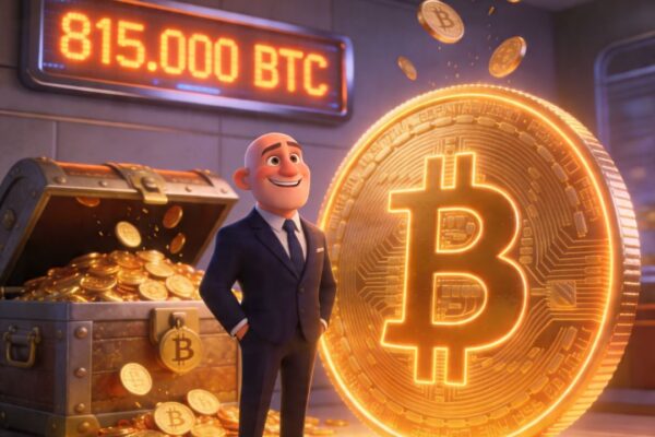 Illustrazione stile Pixar: businessman con Bitcoin vault, holdings Strategy 815.000 BTC
